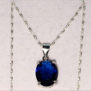 Luxury Sapphire Pendant 925 Sterling Silver Singapore Chain Necklace 18"